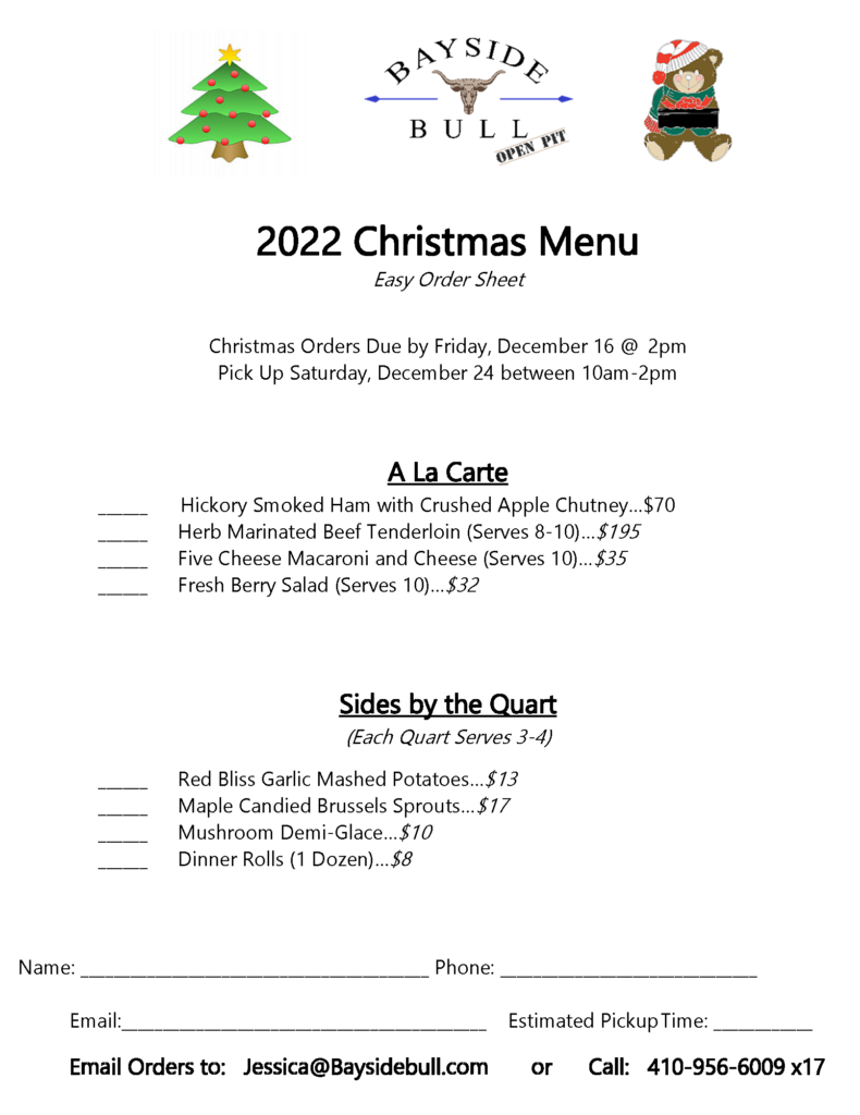 2022 Christmas Eve Pickup Menu - Bayside Bull