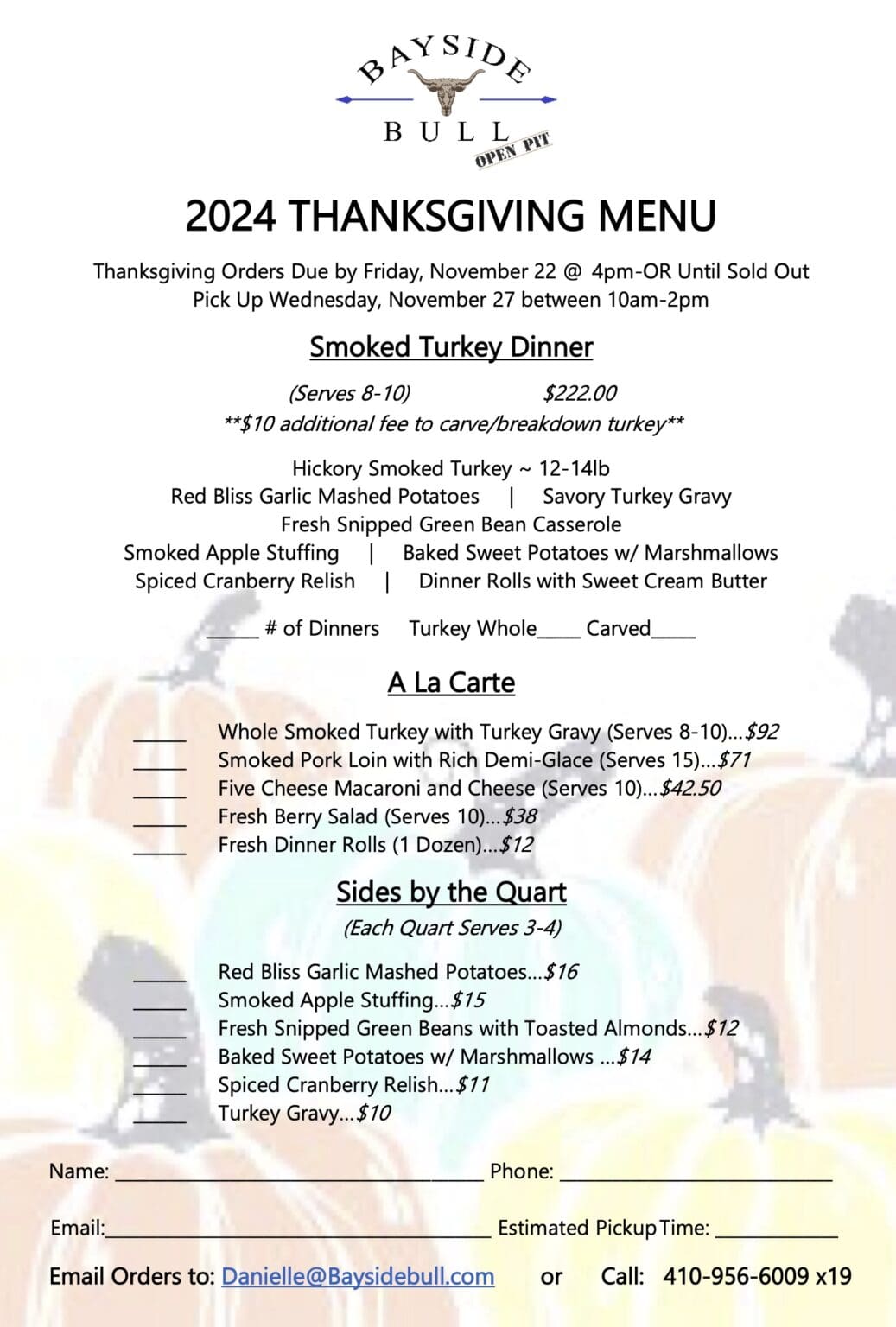 Thanksgiving Menu Bayside Bull